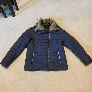 Coat - Dark Grey Puffer with Faux Fur Collar Sz L